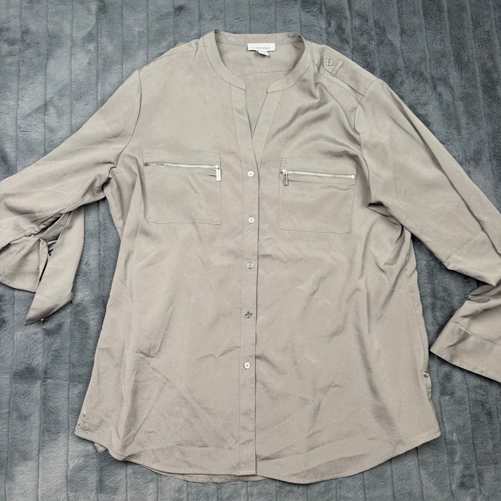 Calvin Klein Womens XL Taupe Gray Zipper Pocket Utility Blouse M3VA9598